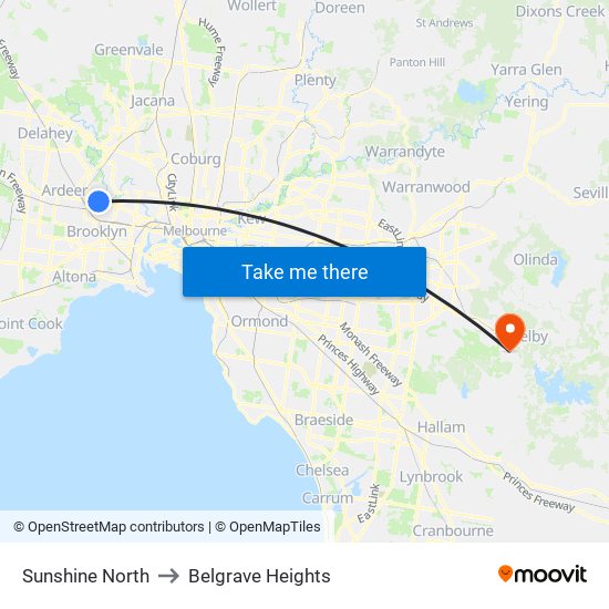 Sunshine North to Belgrave Heights map