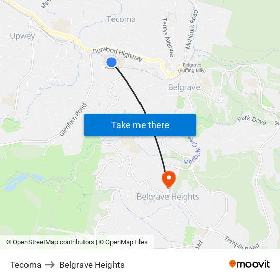 Tecoma to Belgrave Heights map