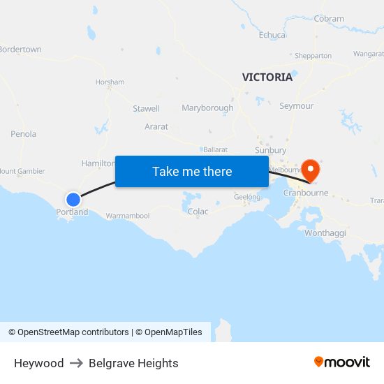 Heywood to Belgrave Heights map