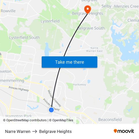 Narre Warren to Belgrave Heights map