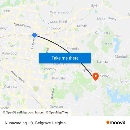 Nunawading to Belgrave Heights map