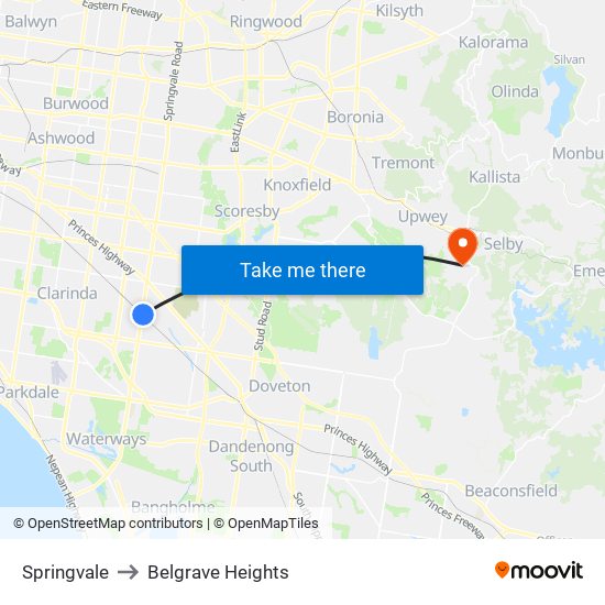 Springvale to Belgrave Heights map