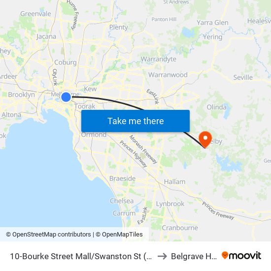 10-Bourke Street Mall/Swanston St (Melbourne City) to Belgrave Heights map