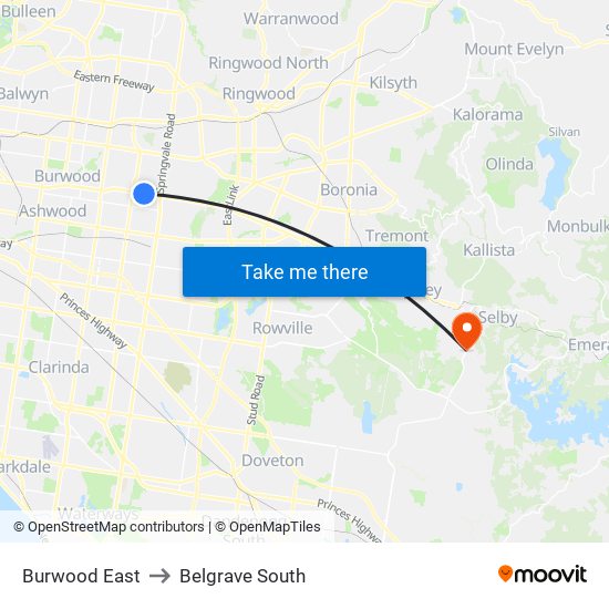 Burwood East to Belgrave South map