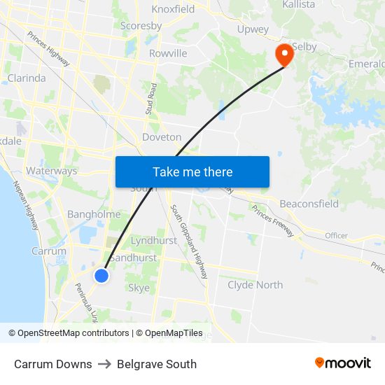Carrum Downs to Belgrave South map