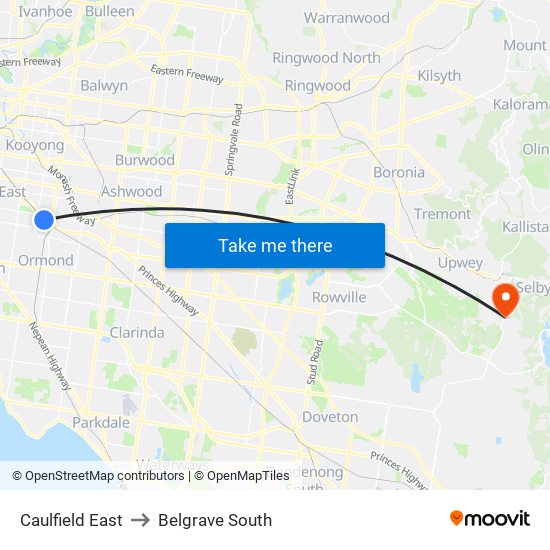 Caulfield East to Belgrave South map