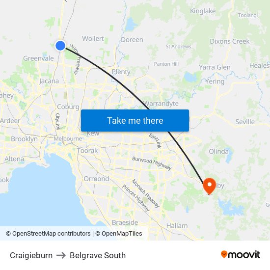 Craigieburn to Belgrave South map