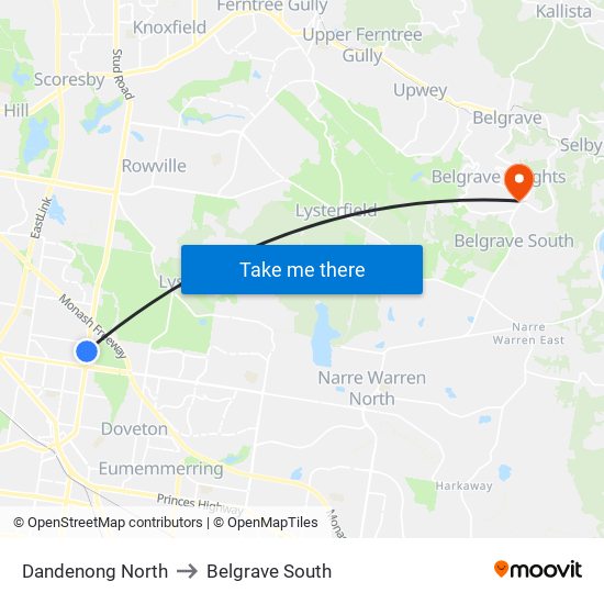 Dandenong North to Belgrave South map