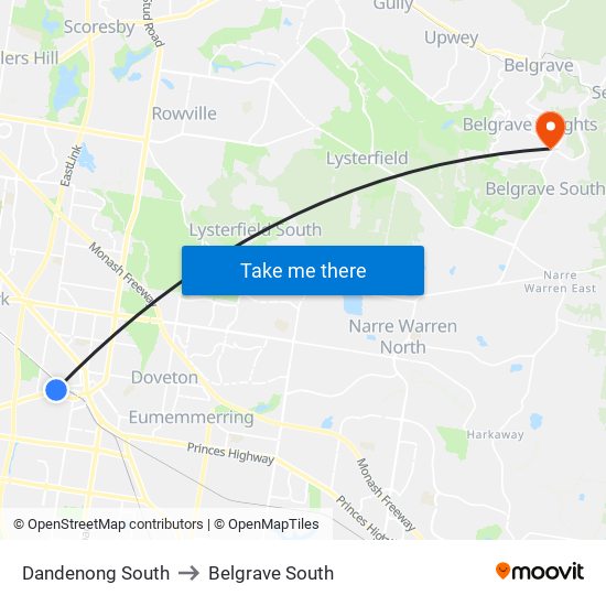 Dandenong South to Belgrave South map