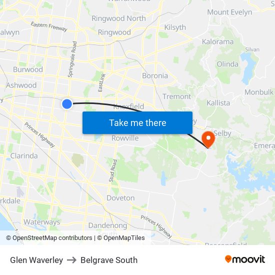 Glen Waverley to Belgrave South map