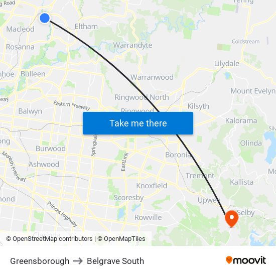 Greensborough to Belgrave South map