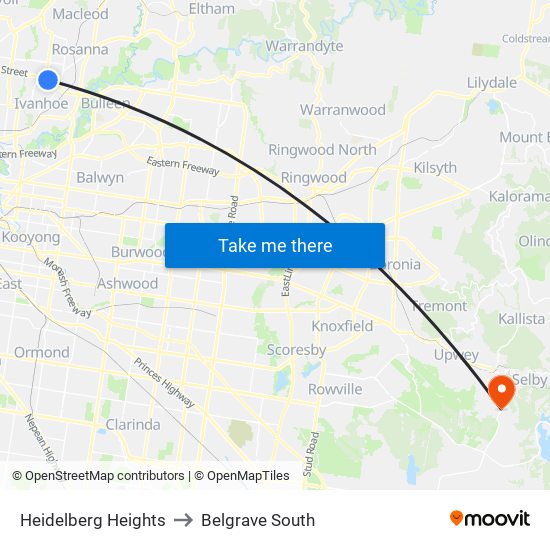 Heidelberg Heights to Belgrave South map