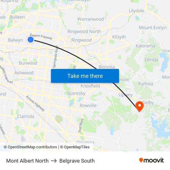 Mont Albert North to Belgrave South map