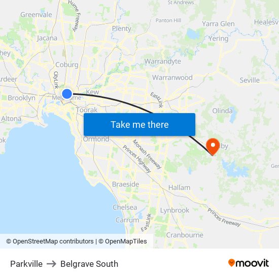 Parkville to Belgrave South map