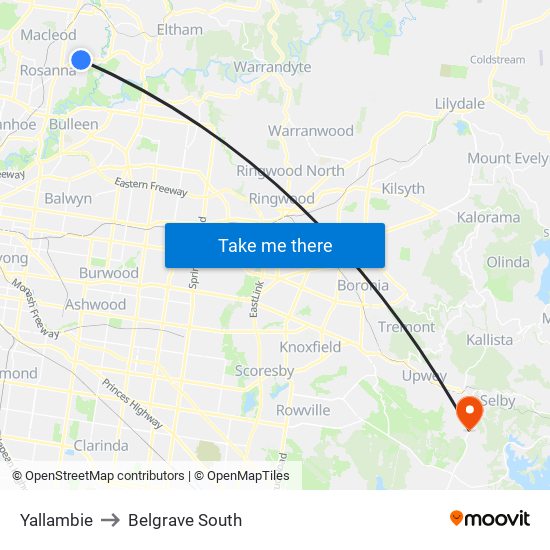 Yallambie to Belgrave South map