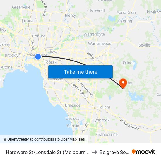 Hardware St/Lonsdale St (Melbourne City) to Belgrave South map