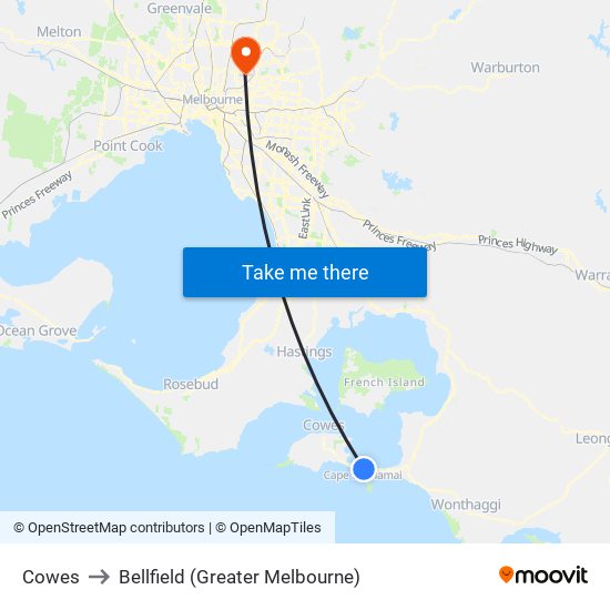 Cowes to Bellfield (Greater Melbourne) map