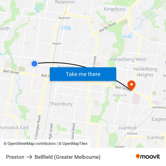 Preston to Bellfield (Greater Melbourne) map