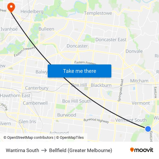 Wantirna South to Bellfield (Greater Melbourne) map