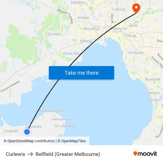 Curlewis to Bellfield (Greater Melbourne) map