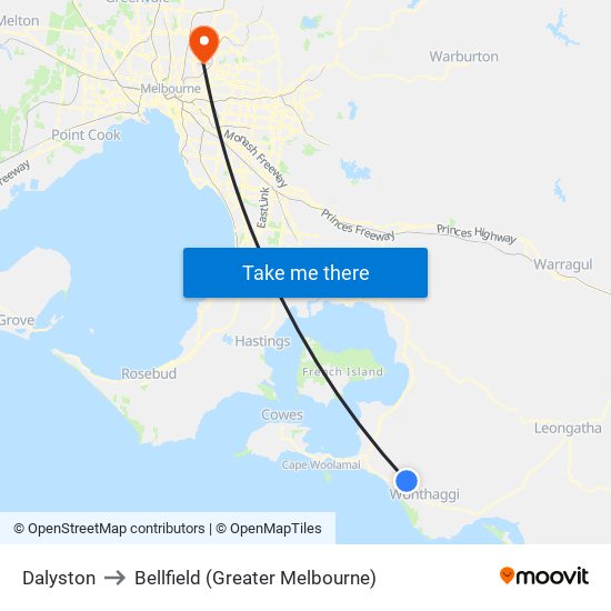 Dalyston to Bellfield (Greater Melbourne) map