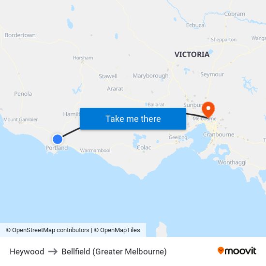 Heywood to Bellfield (Greater Melbourne) map