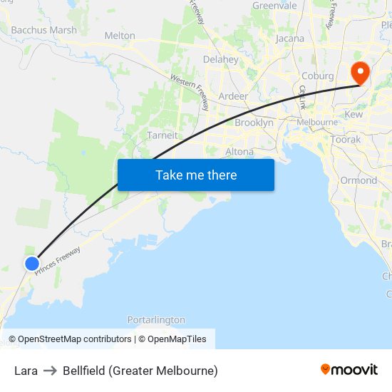 Lara to Bellfield (Greater Melbourne) map