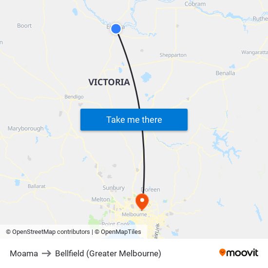 Moama to Bellfield (Greater Melbourne) map