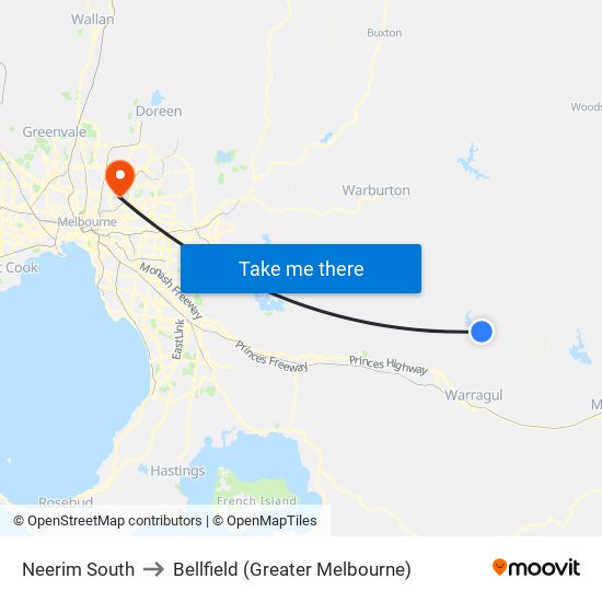 Neerim South to Bellfield (Greater Melbourne) map