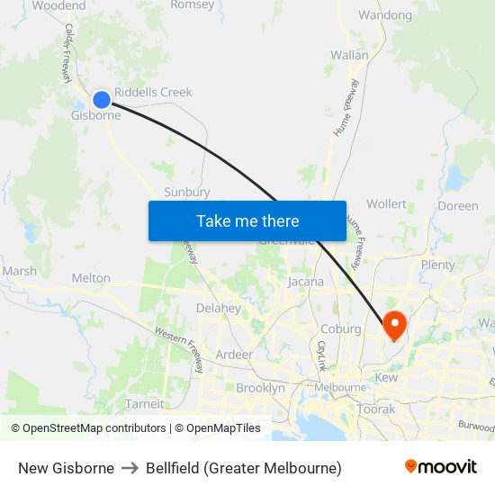 New Gisborne to Bellfield (Greater Melbourne) map