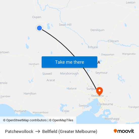 Patchewollock to Bellfield (Greater Melbourne) map