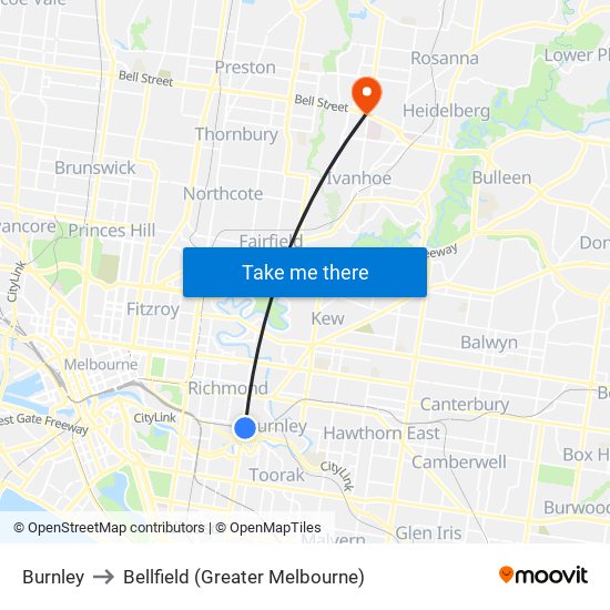 Burnley to Bellfield (Greater Melbourne) map