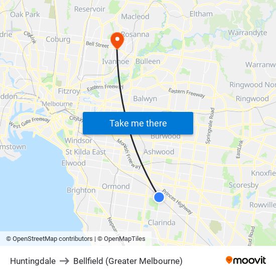 Huntingdale to Bellfield (Greater Melbourne) map