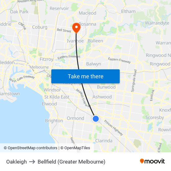 Oakleigh to Bellfield (Greater Melbourne) map