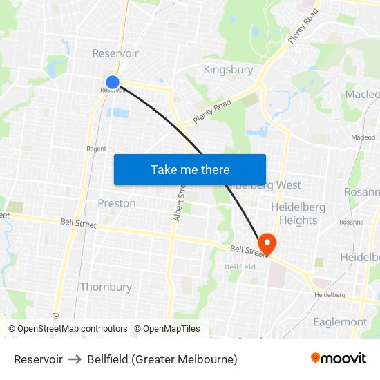 Reservoir to Bellfield (Greater Melbourne) map