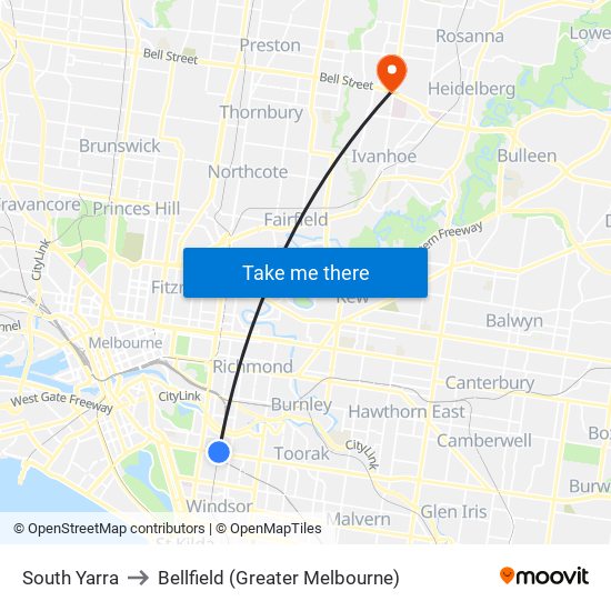 South Yarra to Bellfield (Greater Melbourne) map