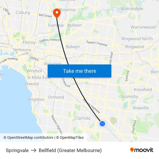 Springvale to Bellfield (Greater Melbourne) map