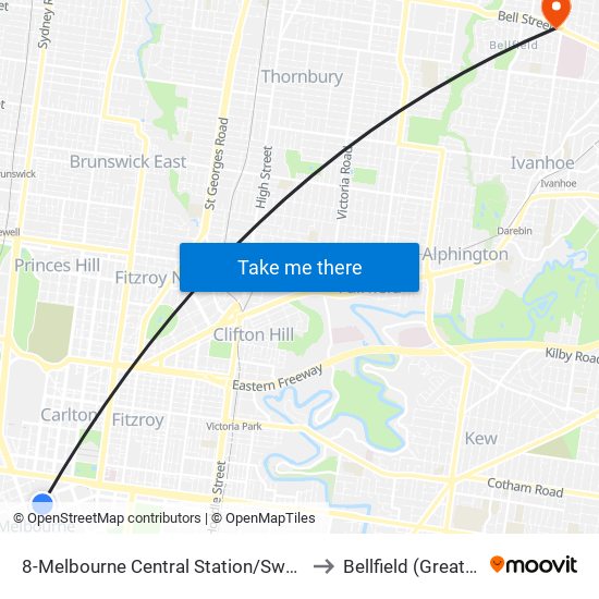 8-Melbourne Central Station/Swanston St (Melbourne City) to Bellfield (Greater Melbourne) map