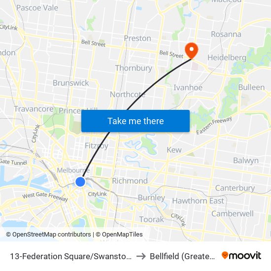 13-Federation Square/Swanston St (Melbourne City) to Bellfield (Greater Melbourne) map