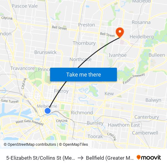 5-Elizabeth St/Collins St (Melbourne City) to Bellfield (Greater Melbourne) map