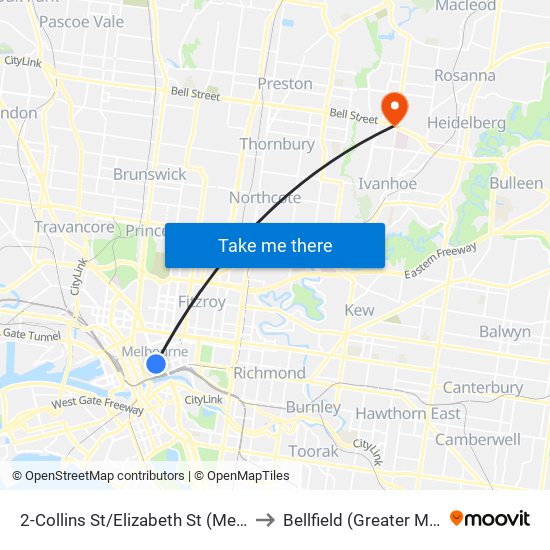 2-Collins St/Elizabeth St (Melbourne City) to Bellfield (Greater Melbourne) map