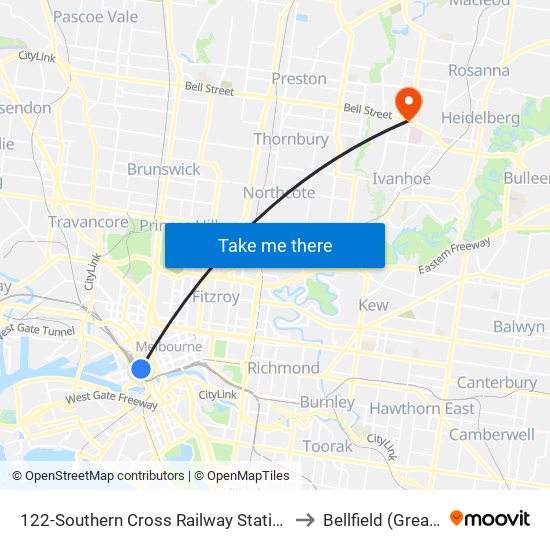 122-Southern Cross Railway Station/Spencer St (Melbourne City) to Bellfield (Greater Melbourne) map