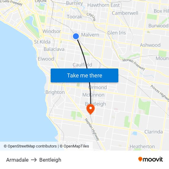 Armadale to Bentleigh map