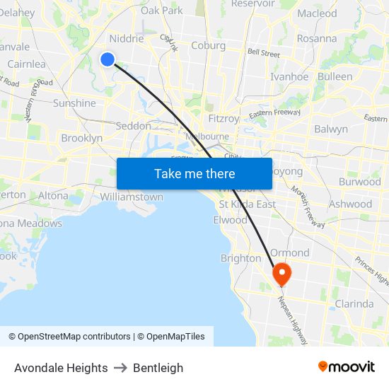 Avondale Heights to Bentleigh map