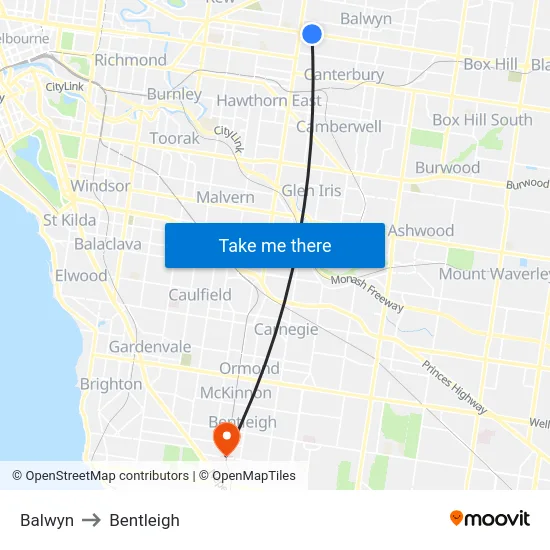 Balwyn to Bentleigh map