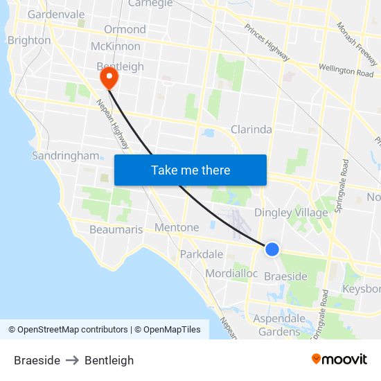 Braeside to Bentleigh map