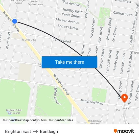 Brighton East to Bentleigh map