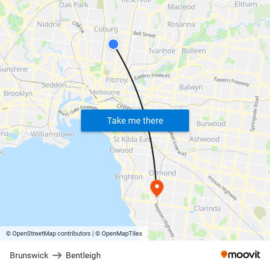 Brunswick to Bentleigh map