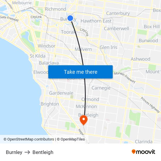 Burnley to Bentleigh map