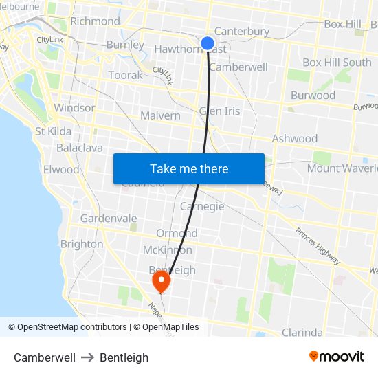 Camberwell to Bentleigh map